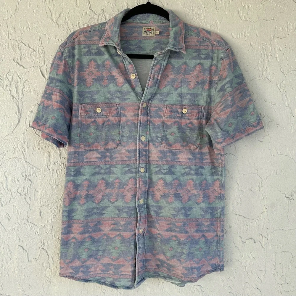 FAHERTY Shirt Mens Medium Blue Doug Good Feather Summer Six Rivers Southwestern